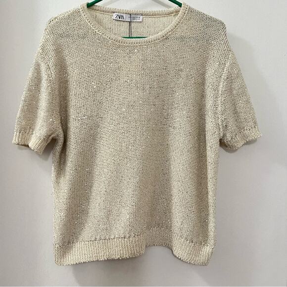 Zara Silver SEQUIN KNIT TOP Size Medium - Picture 6 of 8